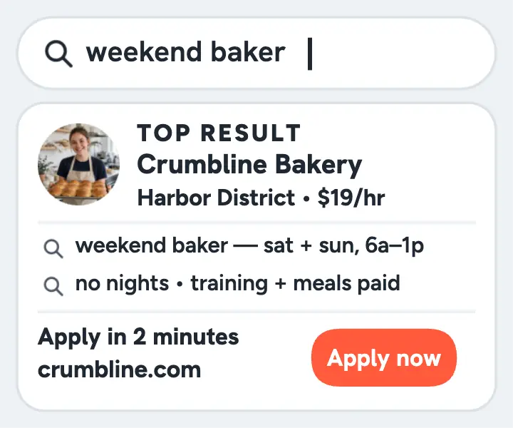 Crumbline weekend baker search card: bakery job search ad template