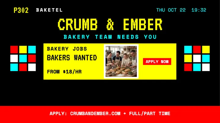 Crumb and Ember bakery jobs teletext thumbnail template