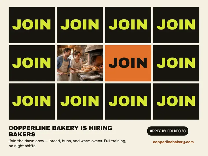 Copperline Bakery join hiring slide: bakery hiring slide template