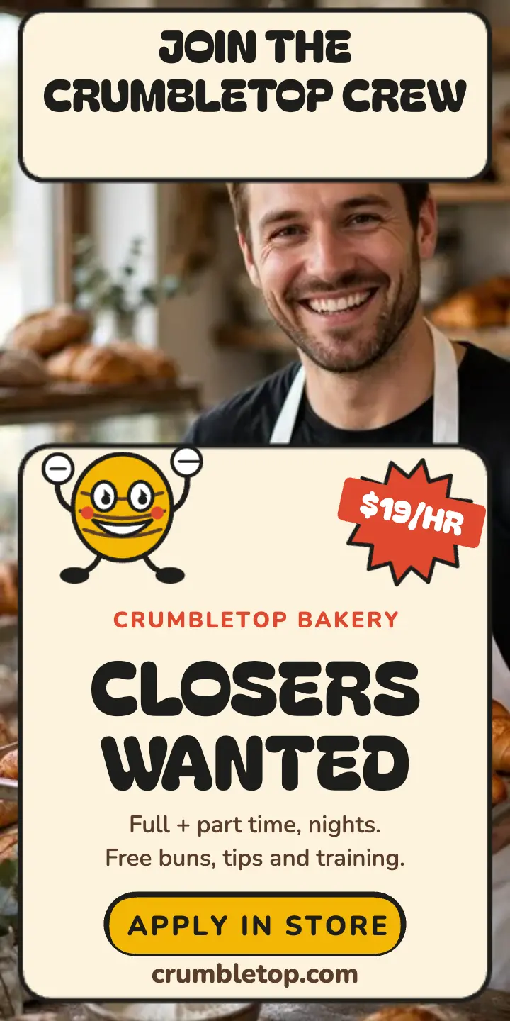 Crumbletop Bakery hiring half-page ad template