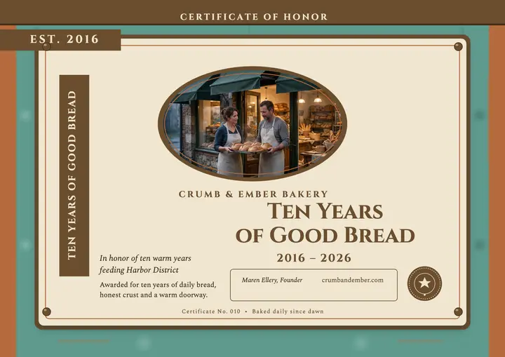 Crumb and Ember ten years certificate template