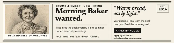 Crumb and Ember morning baker banner template