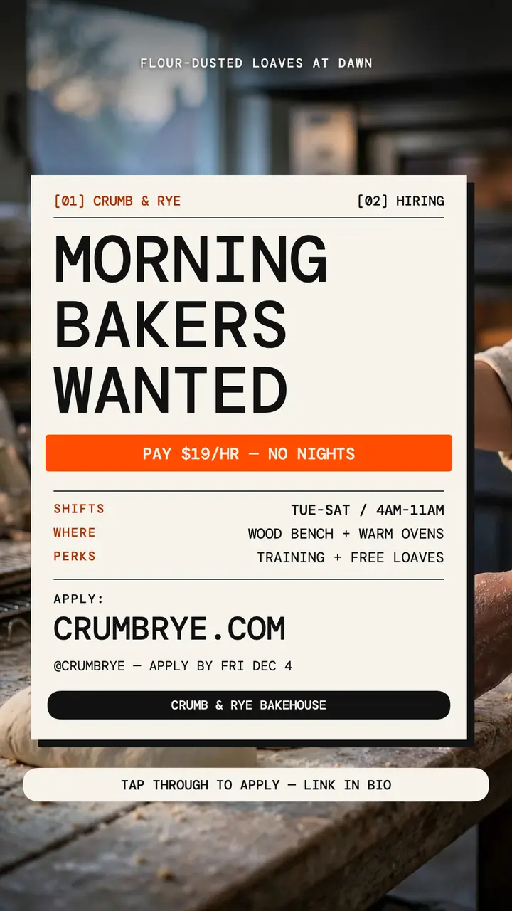 Crumb and Rye morning baker hiring story template