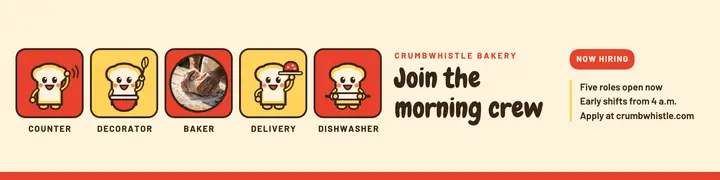 Crumbwhistle Bakery morning crew hiring banner template