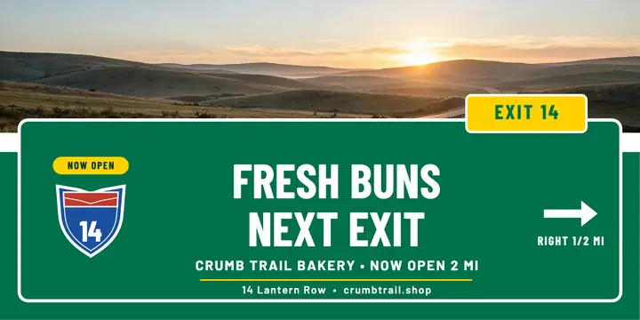 Crumb Trail Bakery next exit post: bakery opening highway sign post template