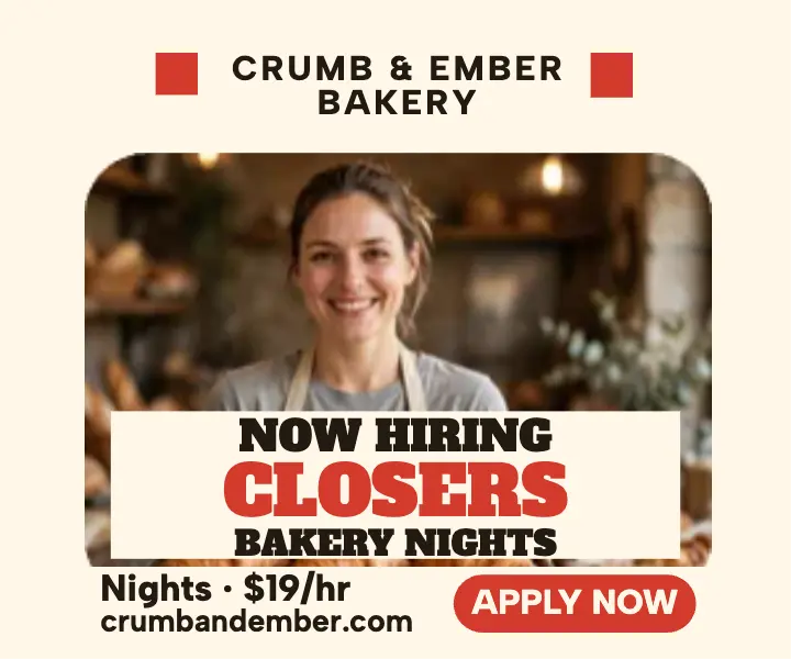 Crumb and Ember bakery closers hiring ad: bakery hiring ad template