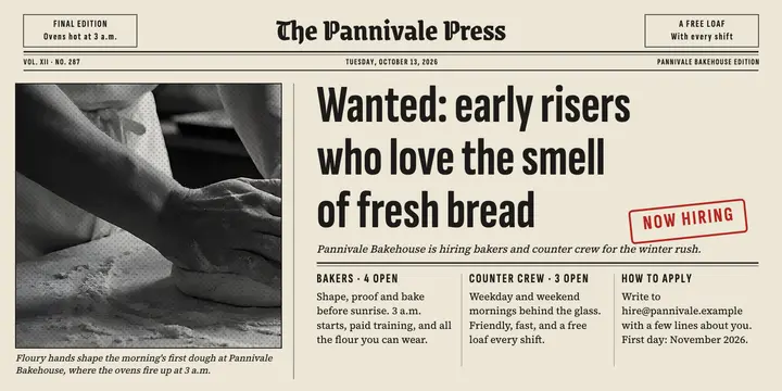 Pannivale Bakehouse now hiring front page post: bakery hiring post template