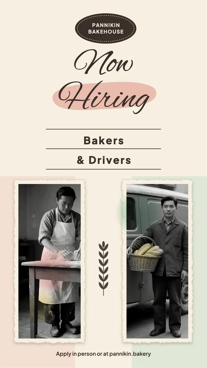 Bakehouse now hiring story, hand-tinted photos template