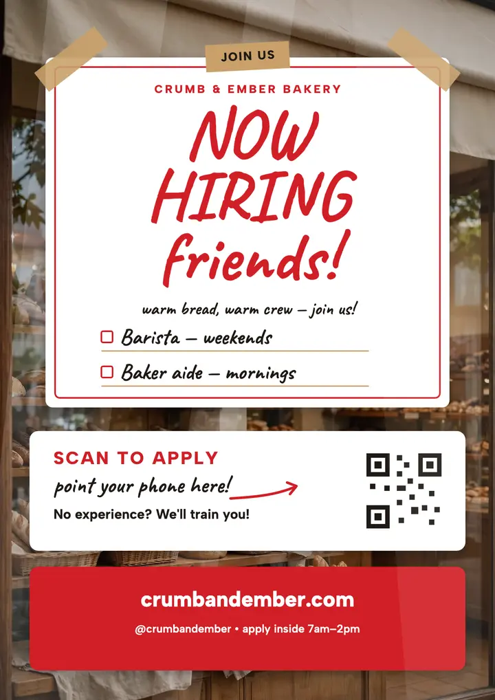 Crumb and Ember bakery hiring window card template