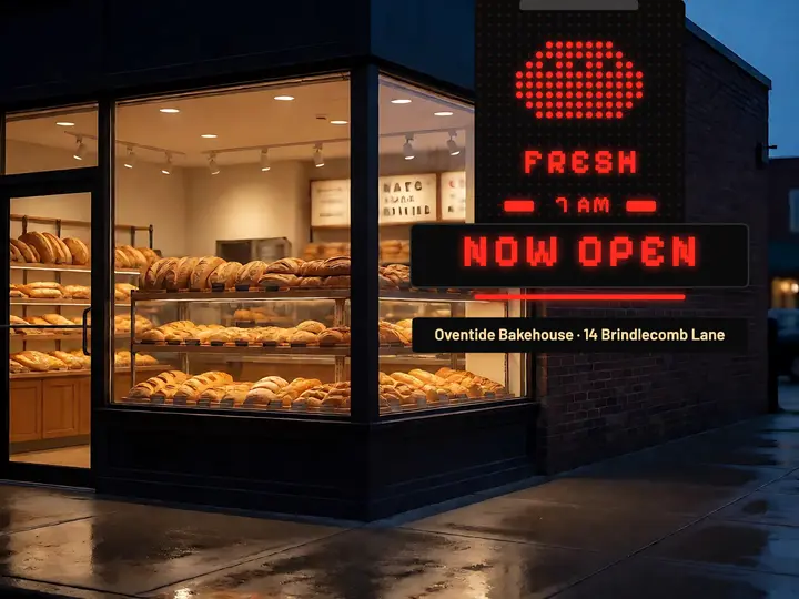 Oventide Bakehouse now open LED board slide: bakery opening slide template