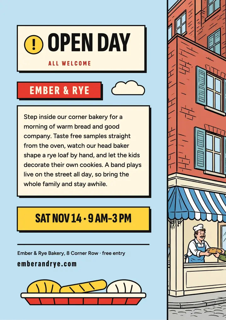 Ember & Rye bakery open day flyer, clear-line comic template