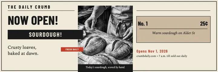 Daily Crumb bakery opening front page header template