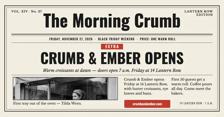 Crumb and Ember bakery opening front page template