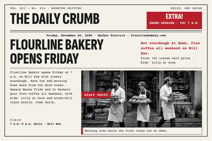 Flourline Bakery opening front page postcard template