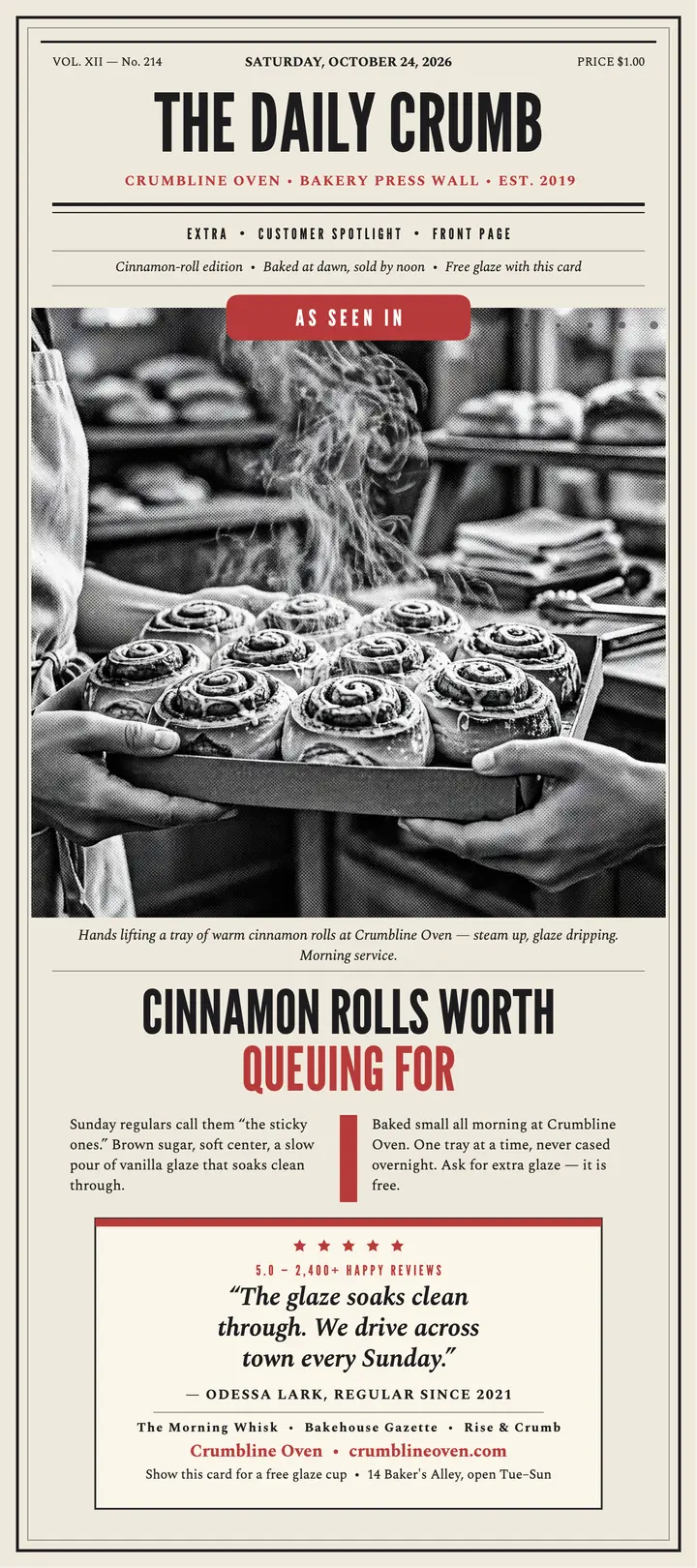 Crumbline Oven press wall rack card: bakery review rack card template