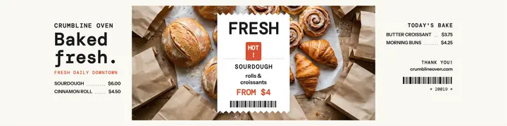 Crumbline Oven receipt banner: bakery shop banner template