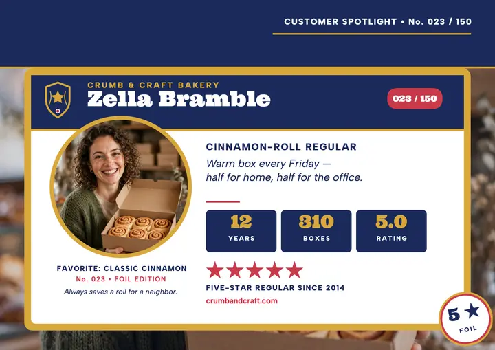 Crumb and Craft bakery regular trading card: bakery customer spotlight card template