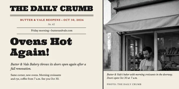Butter and Vale bakery reopening front page template