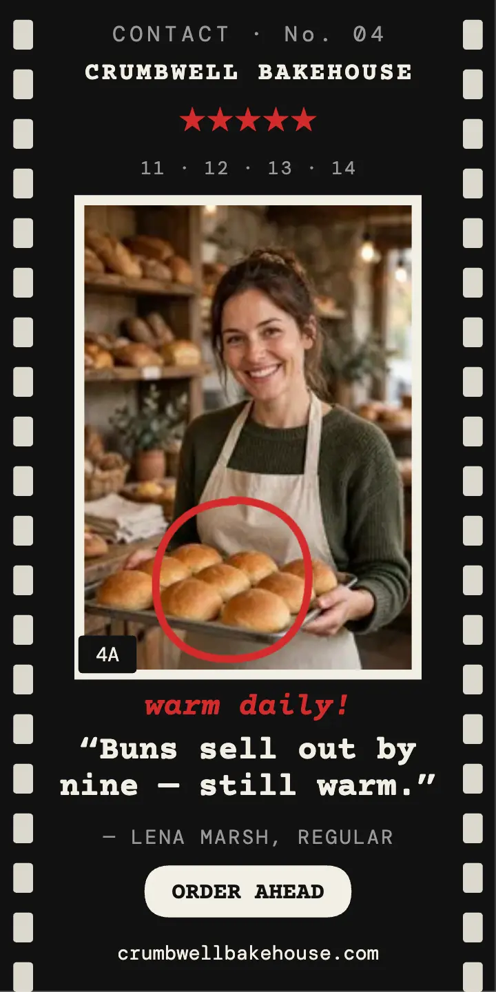 Crumbwell Bakehouse review contact ad: bakery review ad template