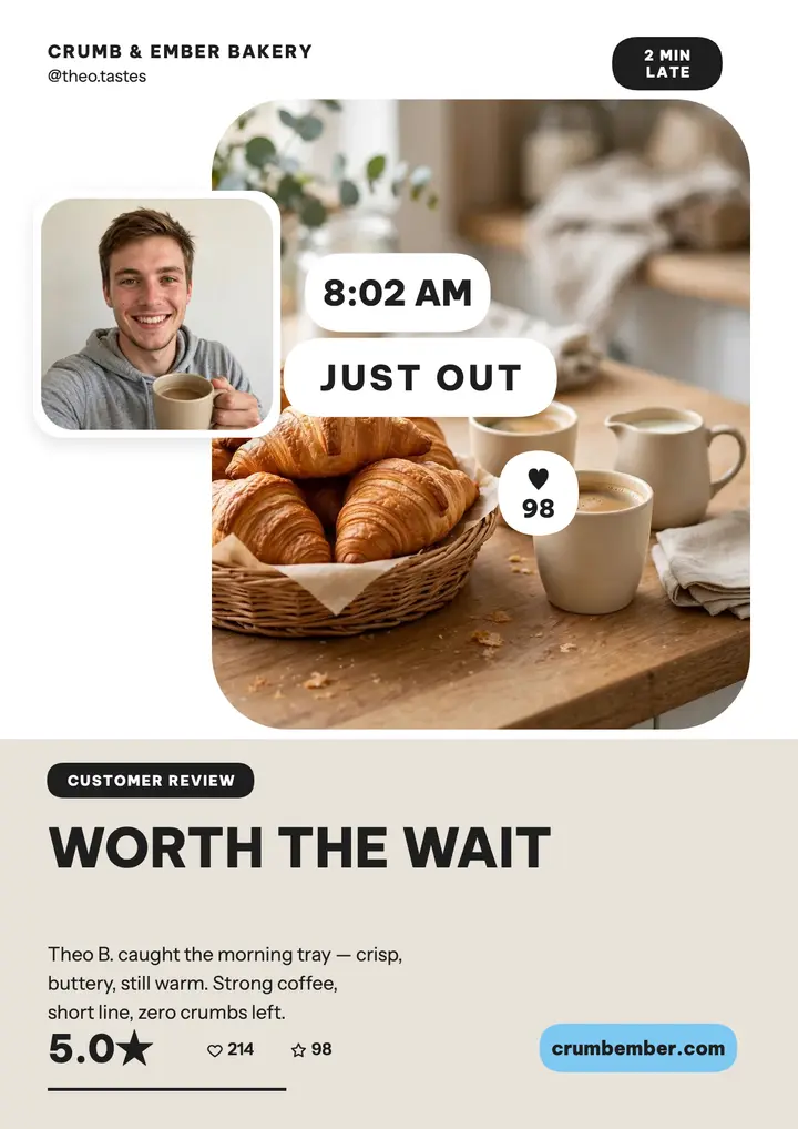 Crumb and Ember bakery review flyer template