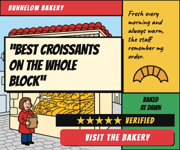 Bunnelow Bakery customer review ad, ligne claire template