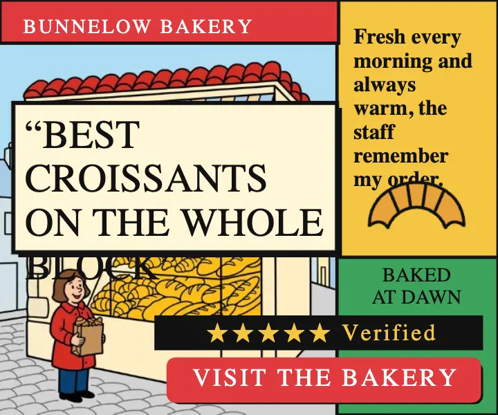 Bunnelow Bakery customer review ad, ligne claire template