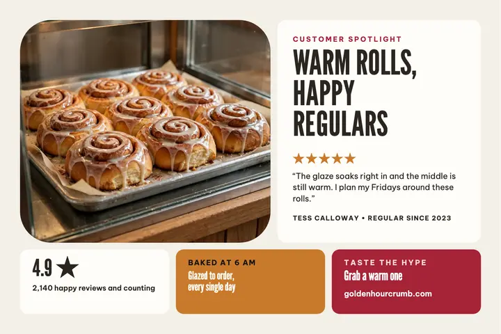 Golden Hour Crumb cinnamon roll review: bakery review postcard template