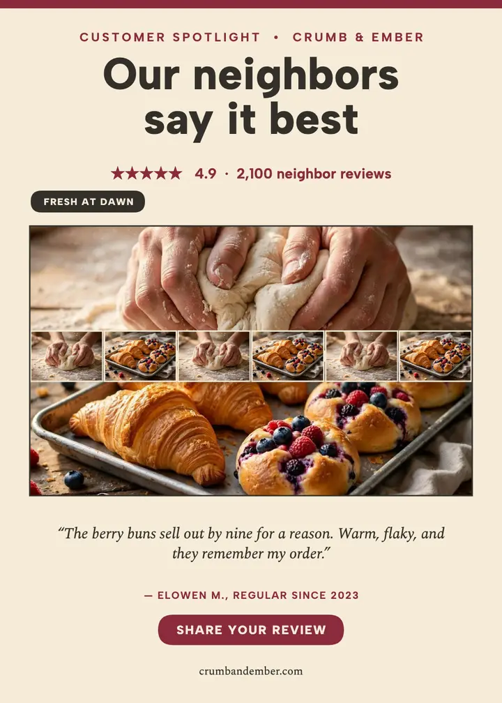 Crumb and Ember bakery review weave: bakery review invitation template