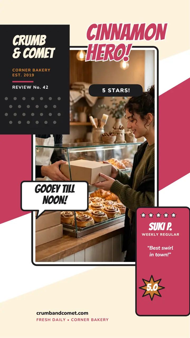 Crumb and Comet cinnamon roll spotlight story: bakery review story template