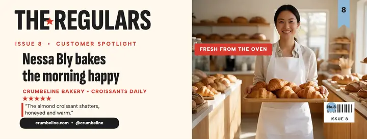 Crumbeline Bakery customer spotlight cover: customer spotlight cover template