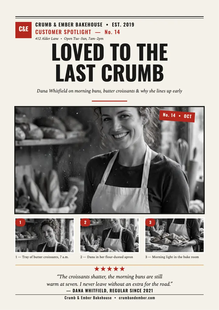 Crumb and Ember bakery spotlight review flyer: bakery review flyer template