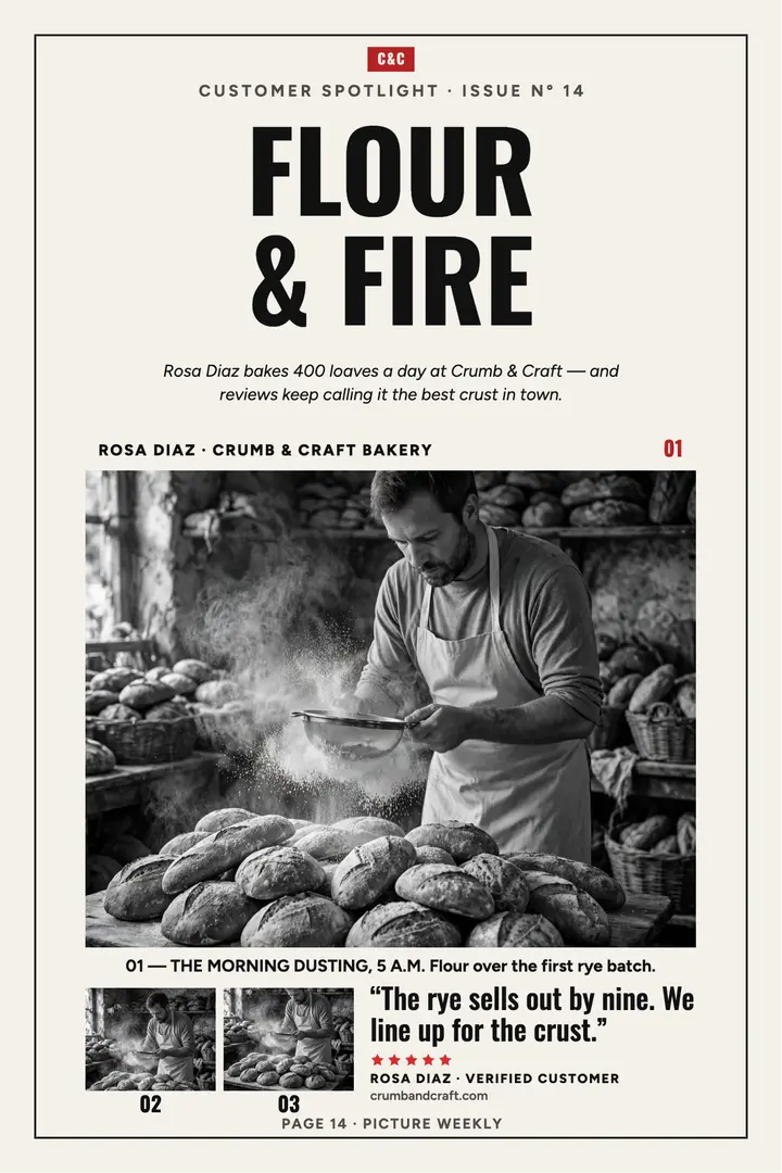 Crumb and Craft bakery spotlight review: bakery review poster template
