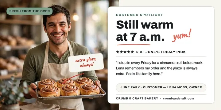 Crumb and Craft bakery spotlight review: customer spotlight testimonial template
