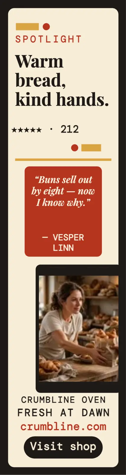 Crumbline Oven customer spotlight ad: bakery review ad template