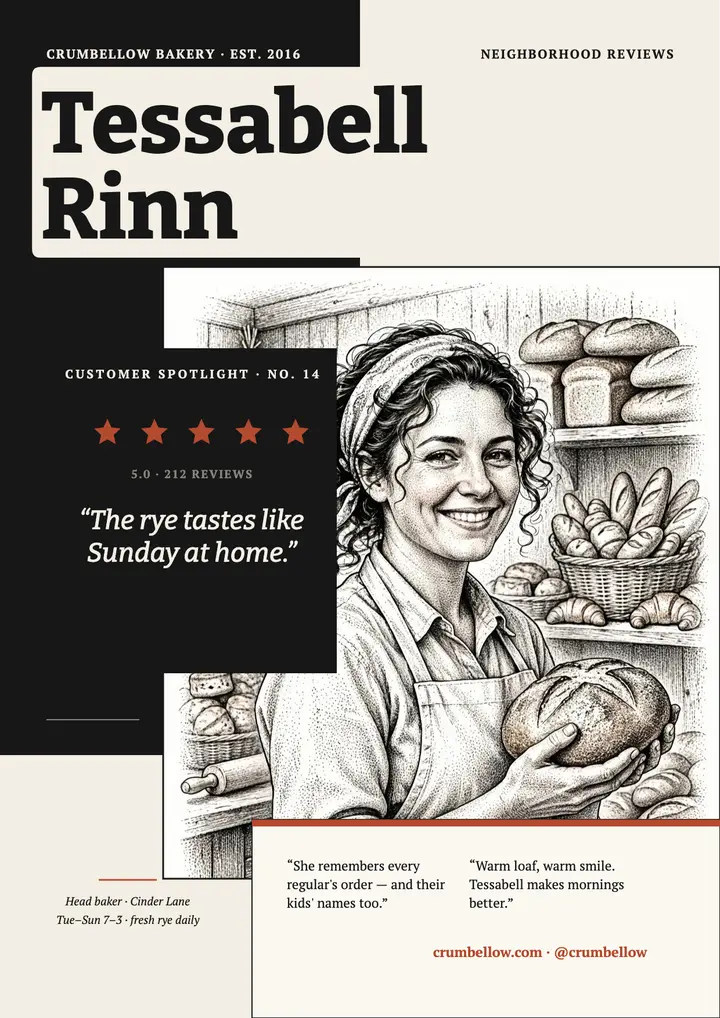 Crumbellow baker spotlight flyer: bakery review flyer template