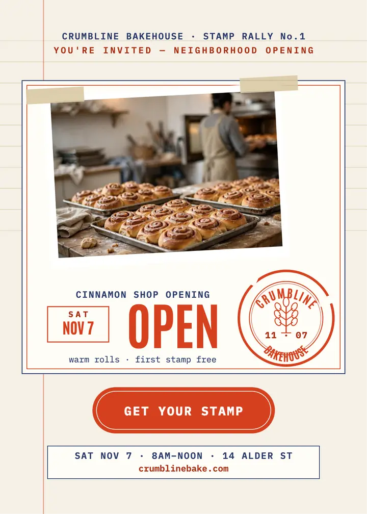 Crumbline Bakehouse stamp rally invitation: bakery opening invitation template