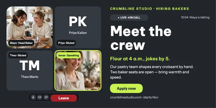 Crumbline Studio bakery team call hiring post: hiring team post template
