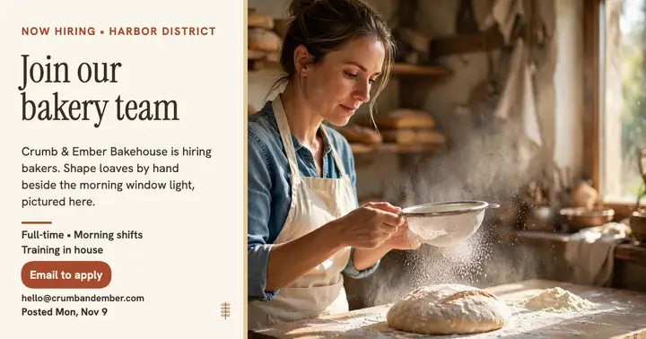 Crumb and Ember bakery team hiring post: bakery hiring post template