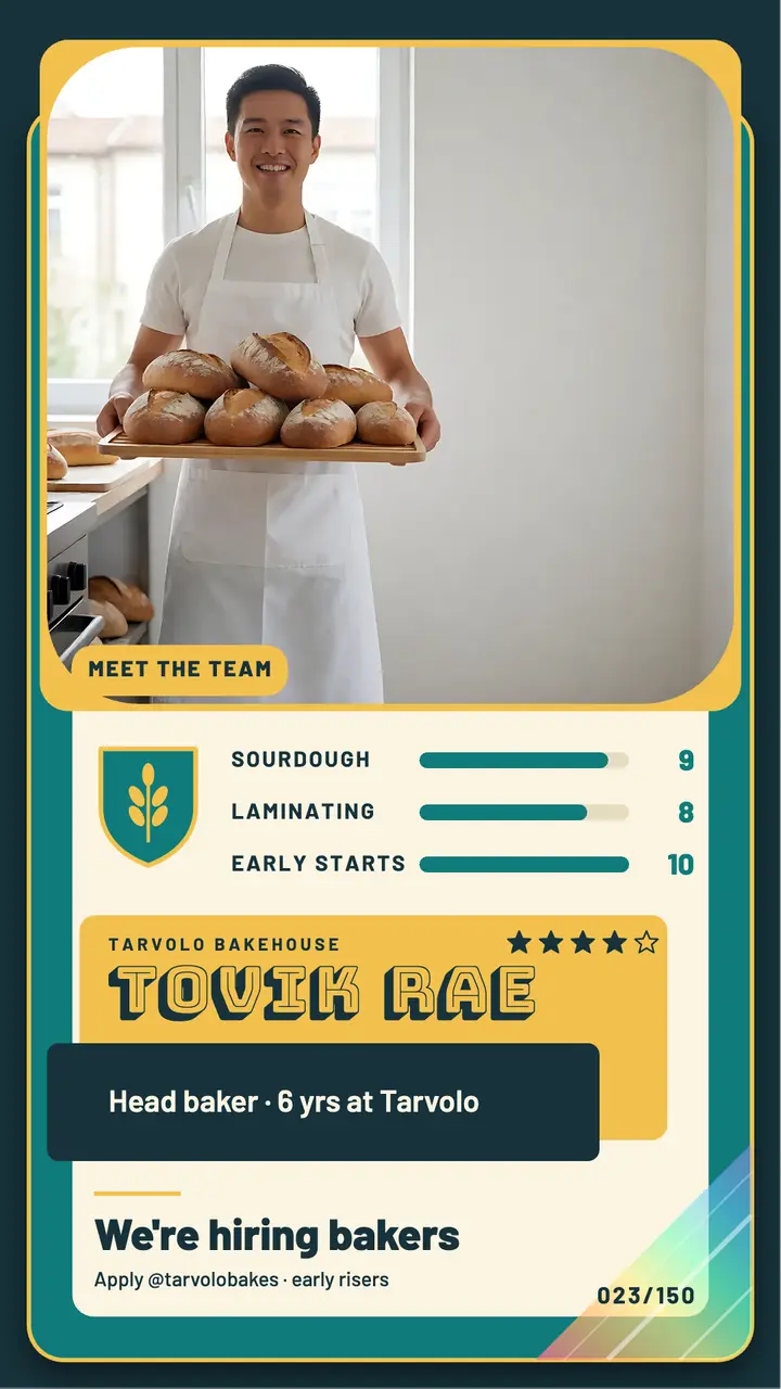 Bakery meet the team trading card story template
