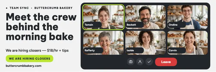 Buttercrumb Bakery team sync hiring header template