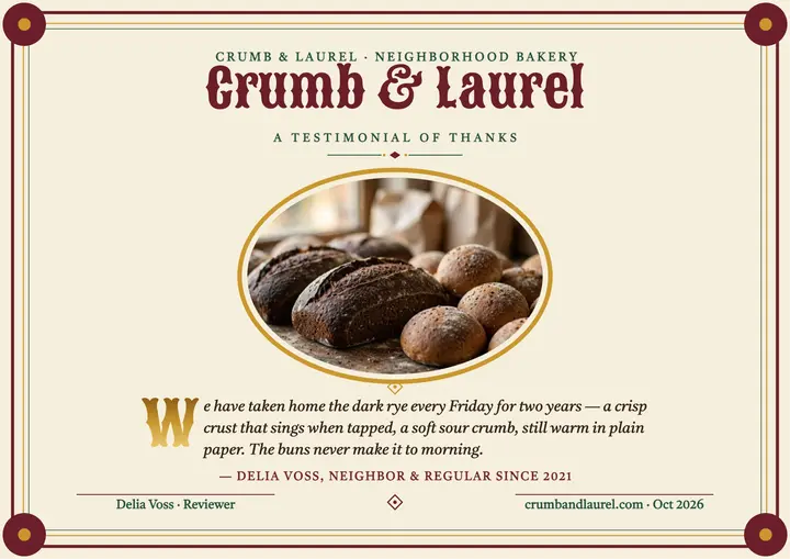 Crumb and Laurel bakery testimonial address: bakery testimonial certificate template