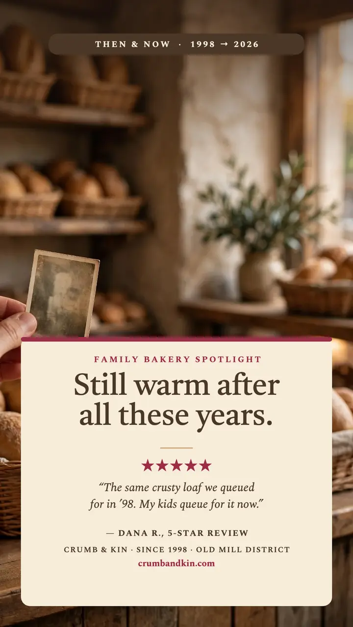 Crumb and Kin then and now story: bakery testimonial story template