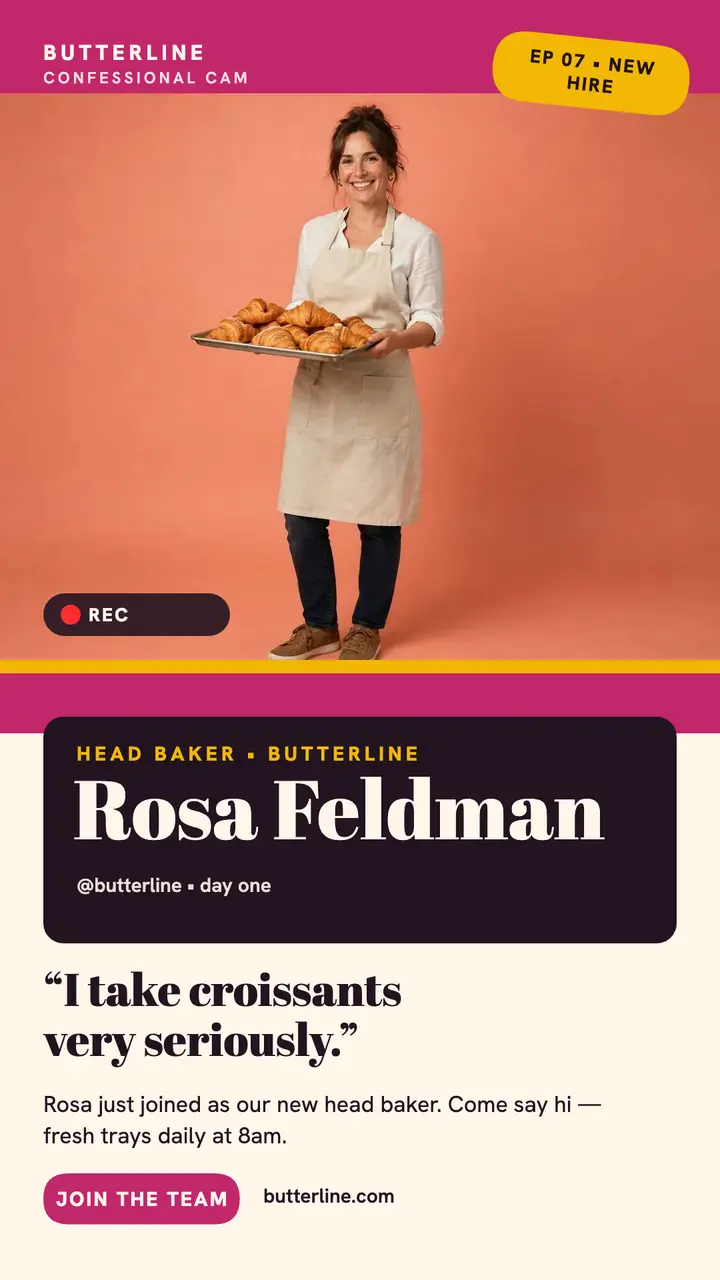 Butterline welcome Rosa head baker story: bakery hiring story template