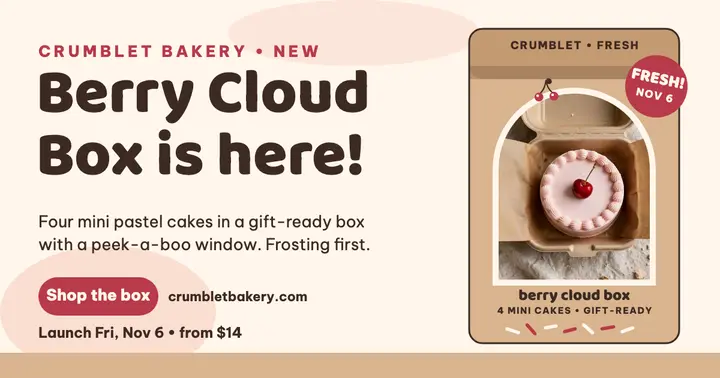 Crumblet mini cake box launch post template