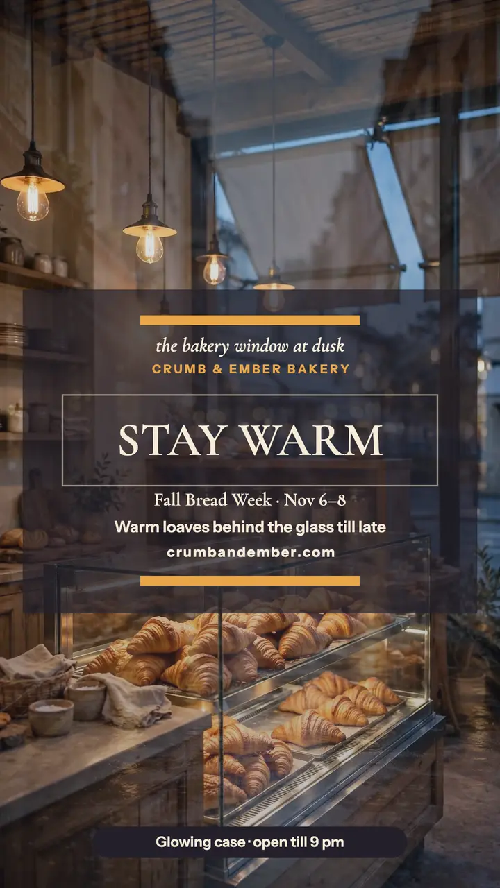 Crumb and Ember bakery window dusk story template
