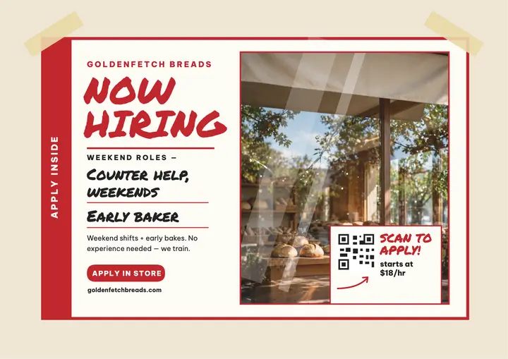 Goldenfetch Breads window hiring card: now hiring window poster template