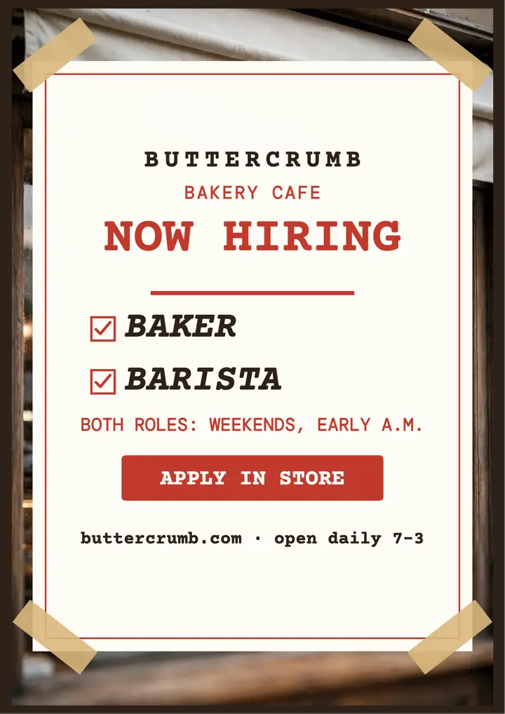 Buttercrumb Bakery window hiring flyer: bakery hiring flyer template