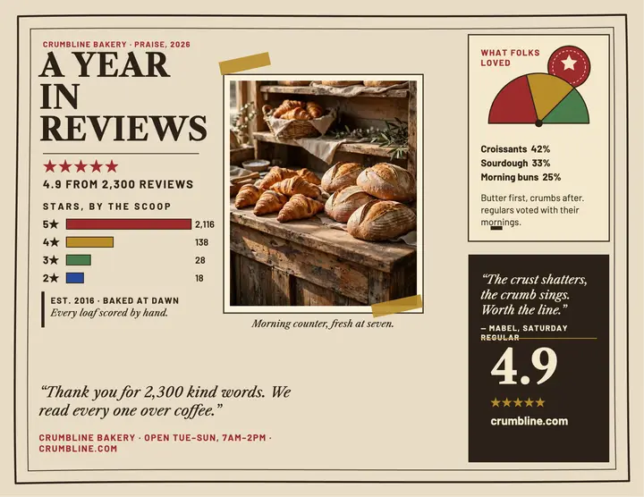 Crumbline Bakery year in reviews flyer: bakery reviews flyer template