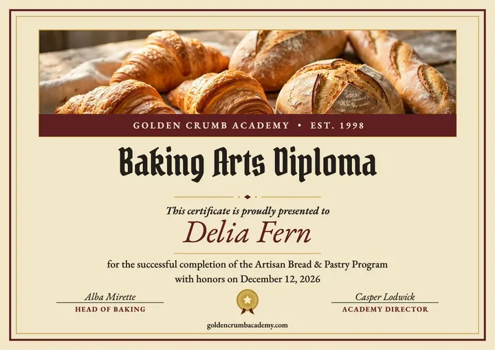 Golden Crumb baking diploma certificate template