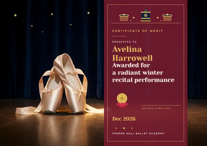 Vesper Hall Ballet Academy winter recital certificate template